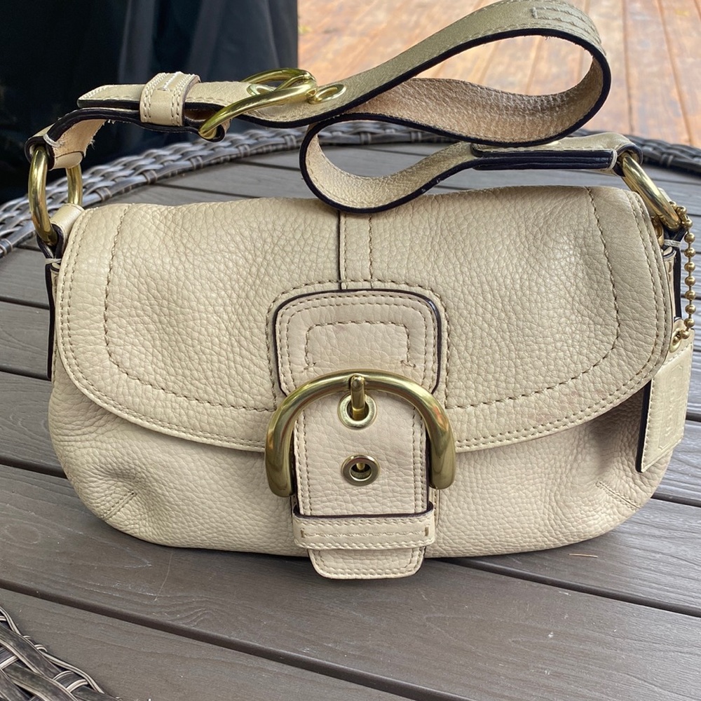 Coach beige all leather gold buckle small purse